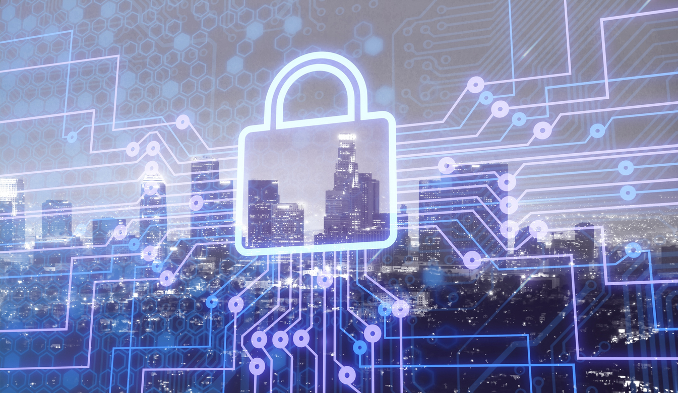 Digital lock icon and city background, concept of data security