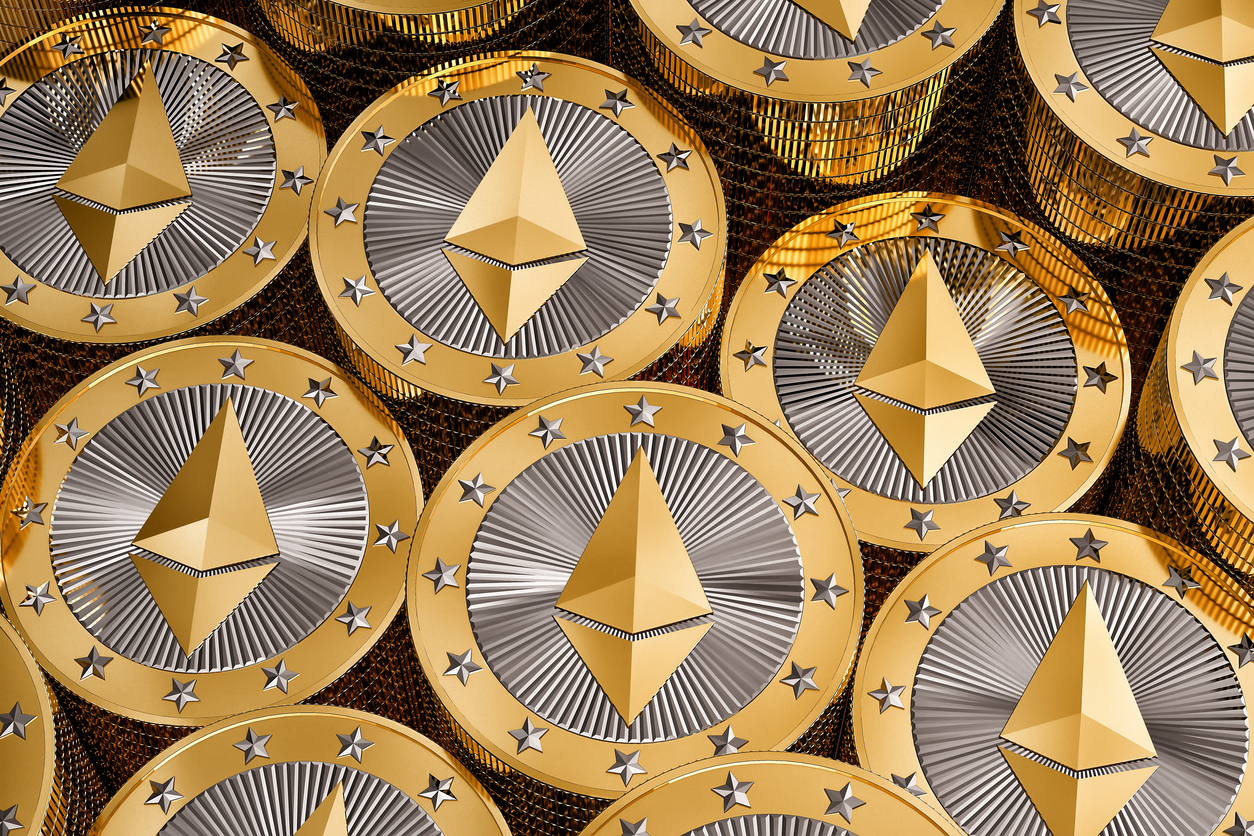 Digital rendering of Ethereum coins stacked with glowing blockchain network connections in the background, symbolizing smart contracts and Web3