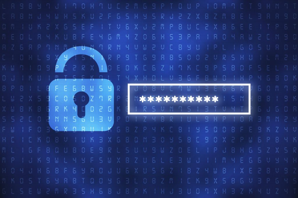 Illustration of a password input field with asterisks and a red padlock symbolizing online security and data protection.