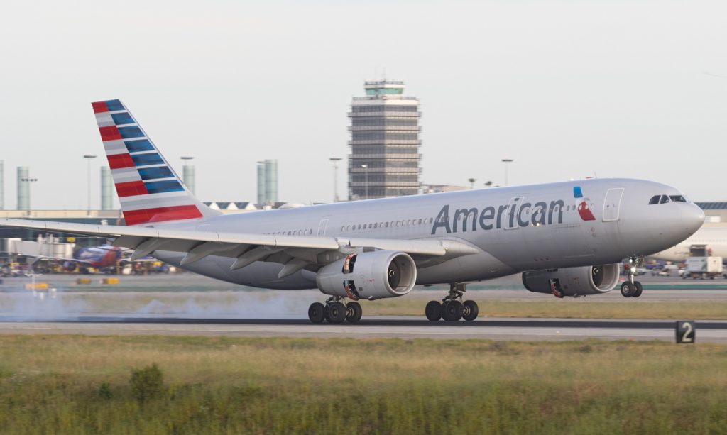 American Airlines aircraft touching down at the Los Angeles International Airport, LAX