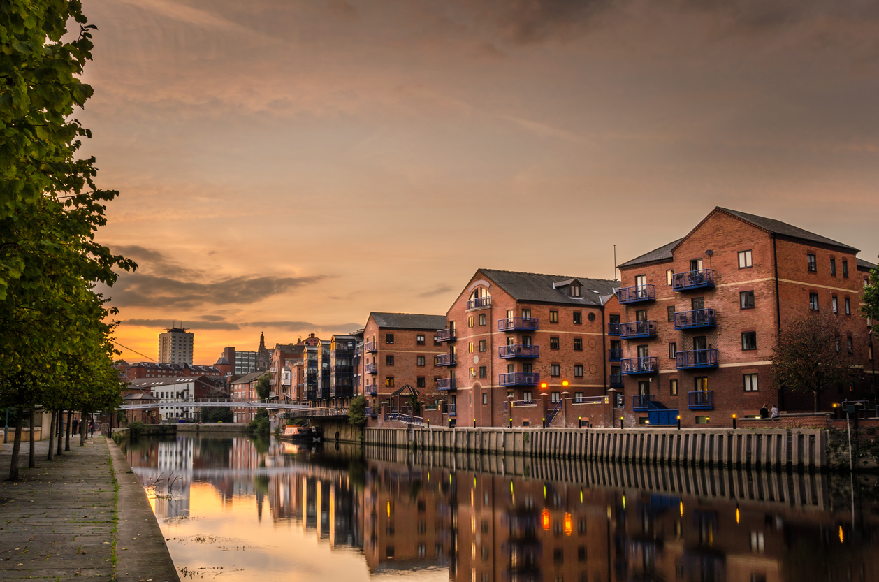 Renovated buildings beside the river Aire in Leeds