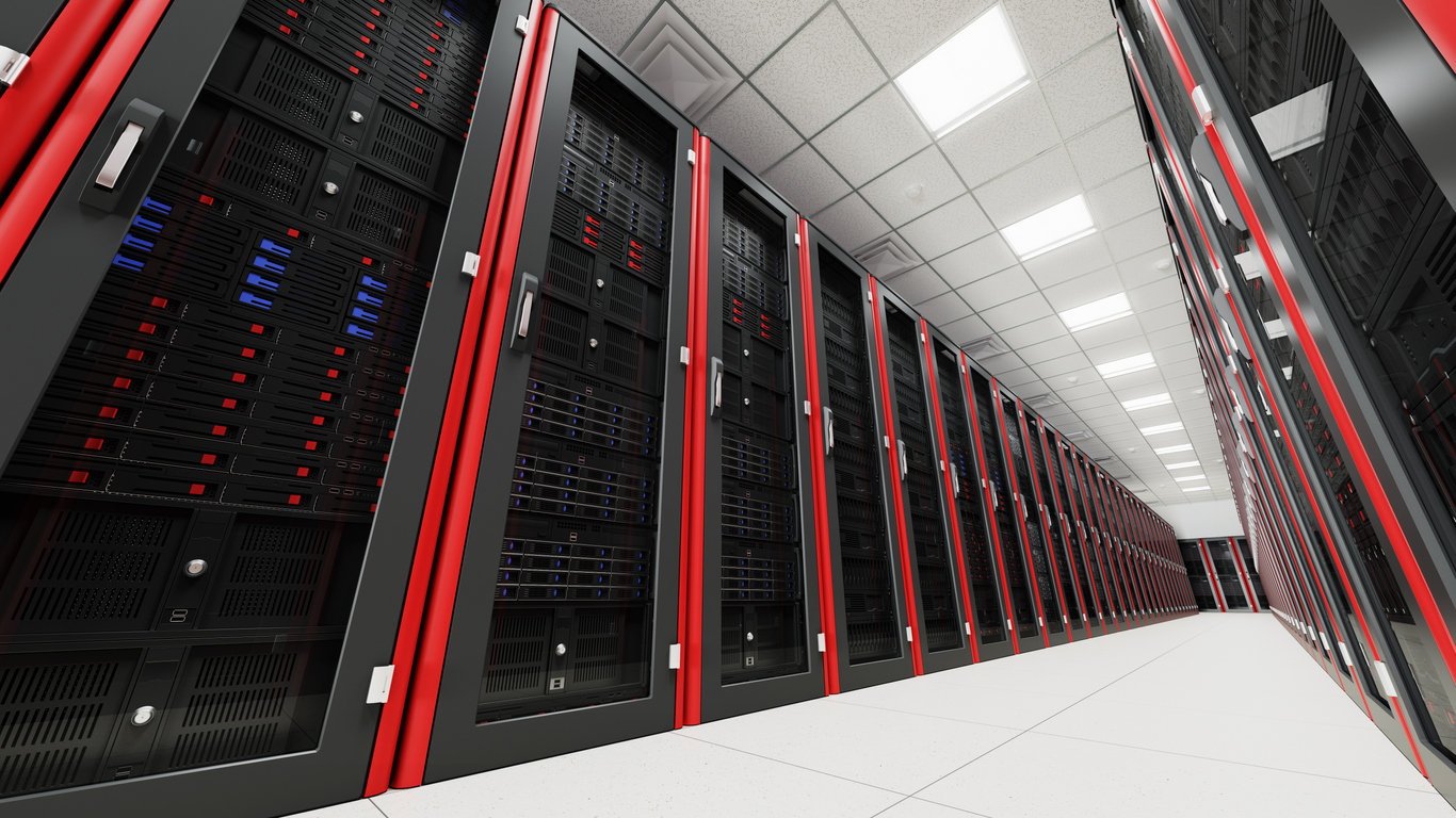 Long corridor with cloud server banks
