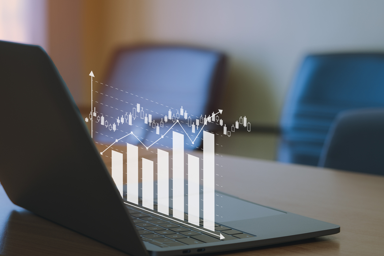 Business analytics concept, financial bar charts to analyze profit and finance performance of company