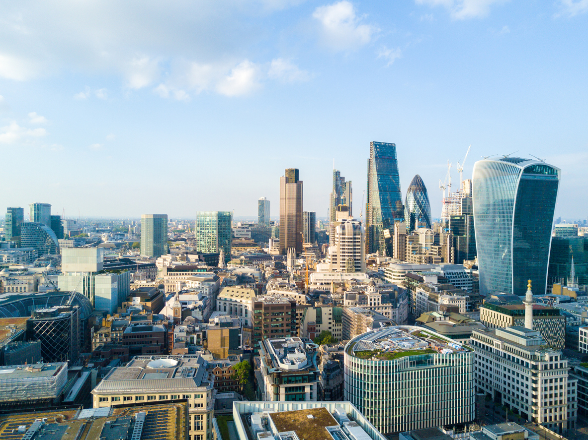 Skyline of London businesses and buildings, UK
