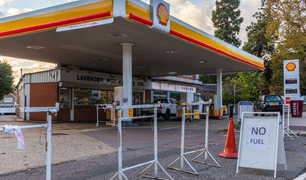 The forecourt of a petrol station in Enfield, during the UK petrol shortage