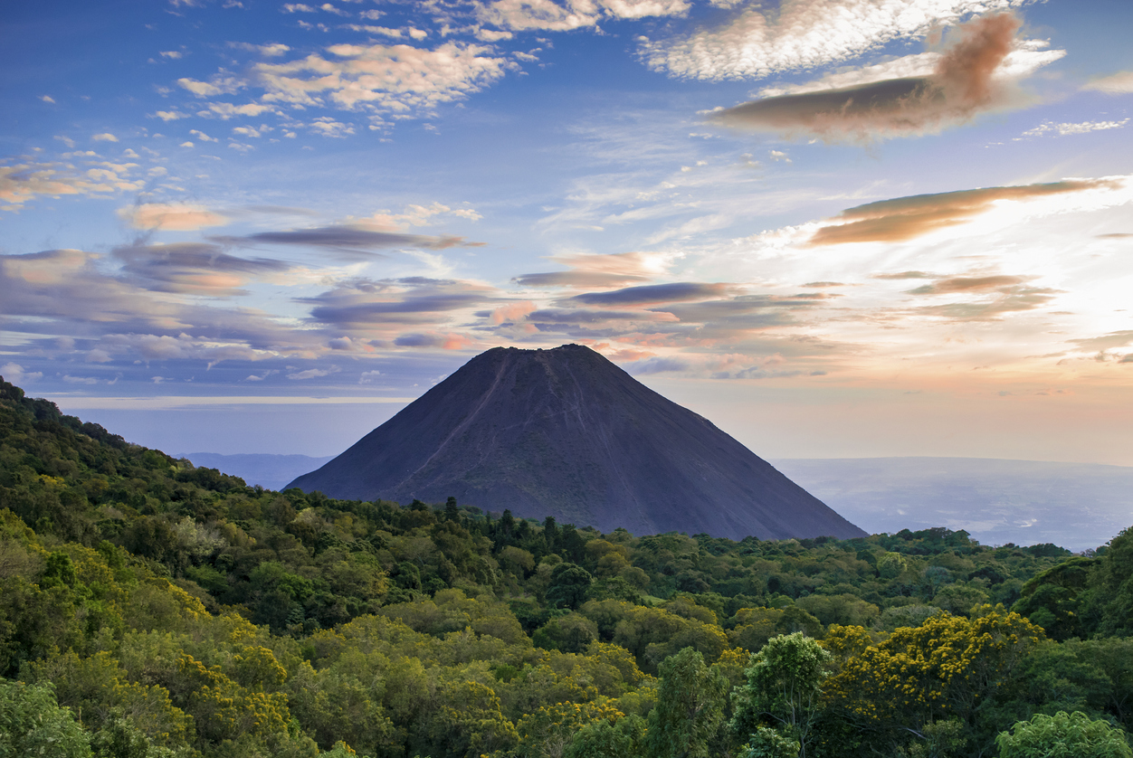 A volcano with beautiful clouds around it in El Salvador, Central America