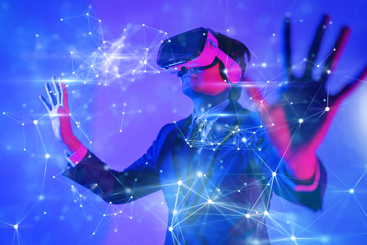 Metaverse digital cyber tech concept; man in VR headset