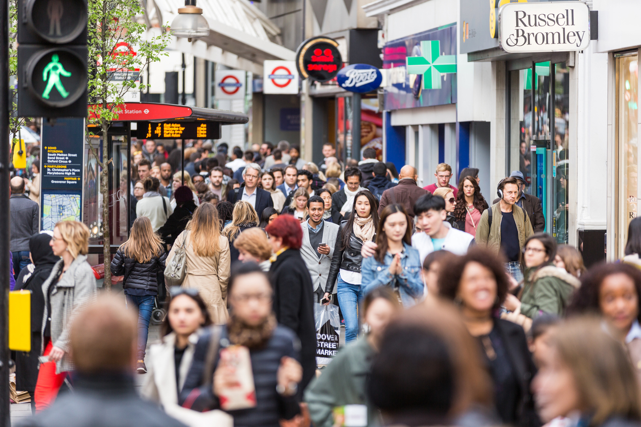 Crowded highstreet in London, UK.