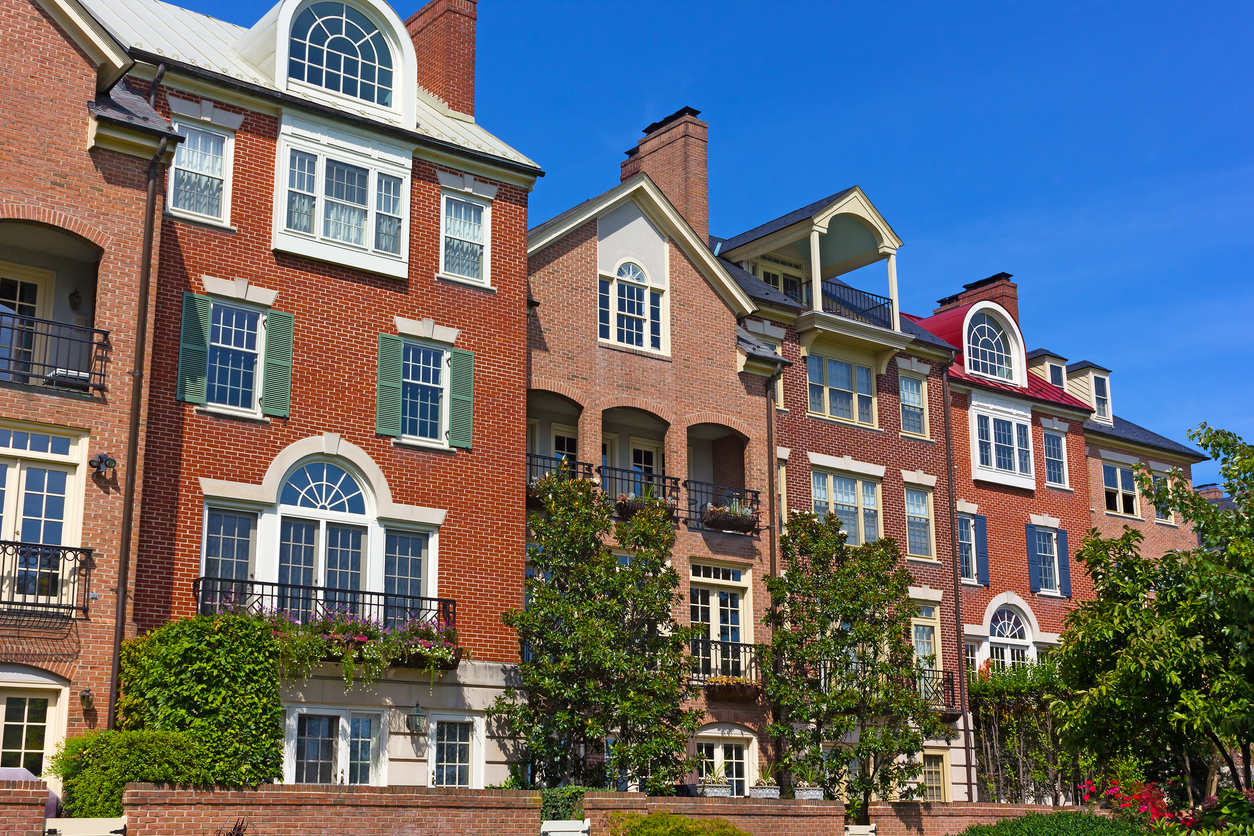 Modern houses facing Old Town Alexandria waterfront in Virginia, USA.
