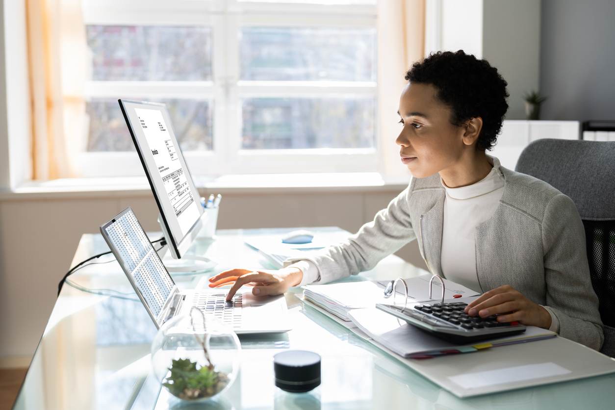 Woman looking at software