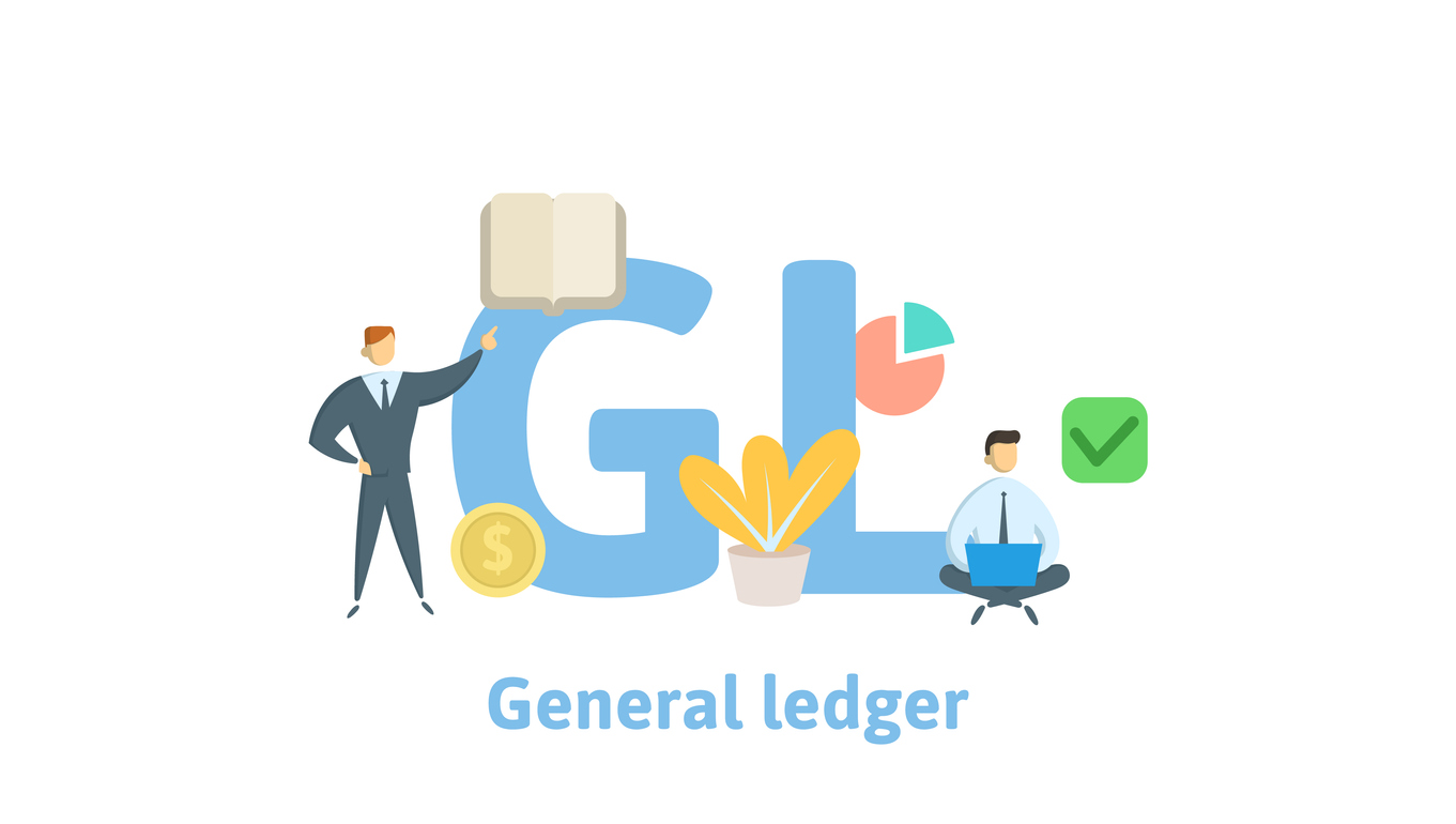 GL, General Ledger. Concept with keywords, letters and icons. Colored flat vector illustration. Isolated on white background.
