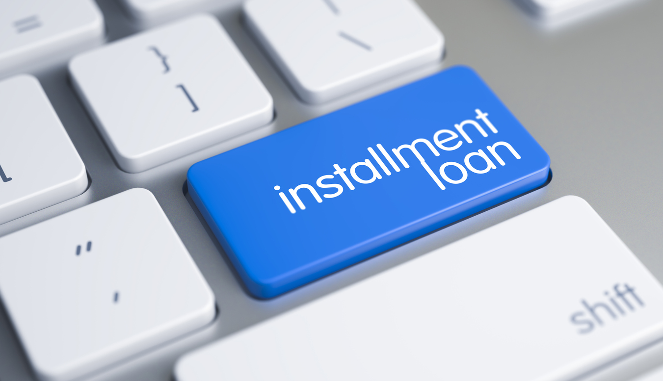 Online Service Concept with Blue Enter Key on the Laptop Keyboard: Installment Loan. Online Service Concept: Installment Loan on Aluminum Keyboard Background. 3D.
