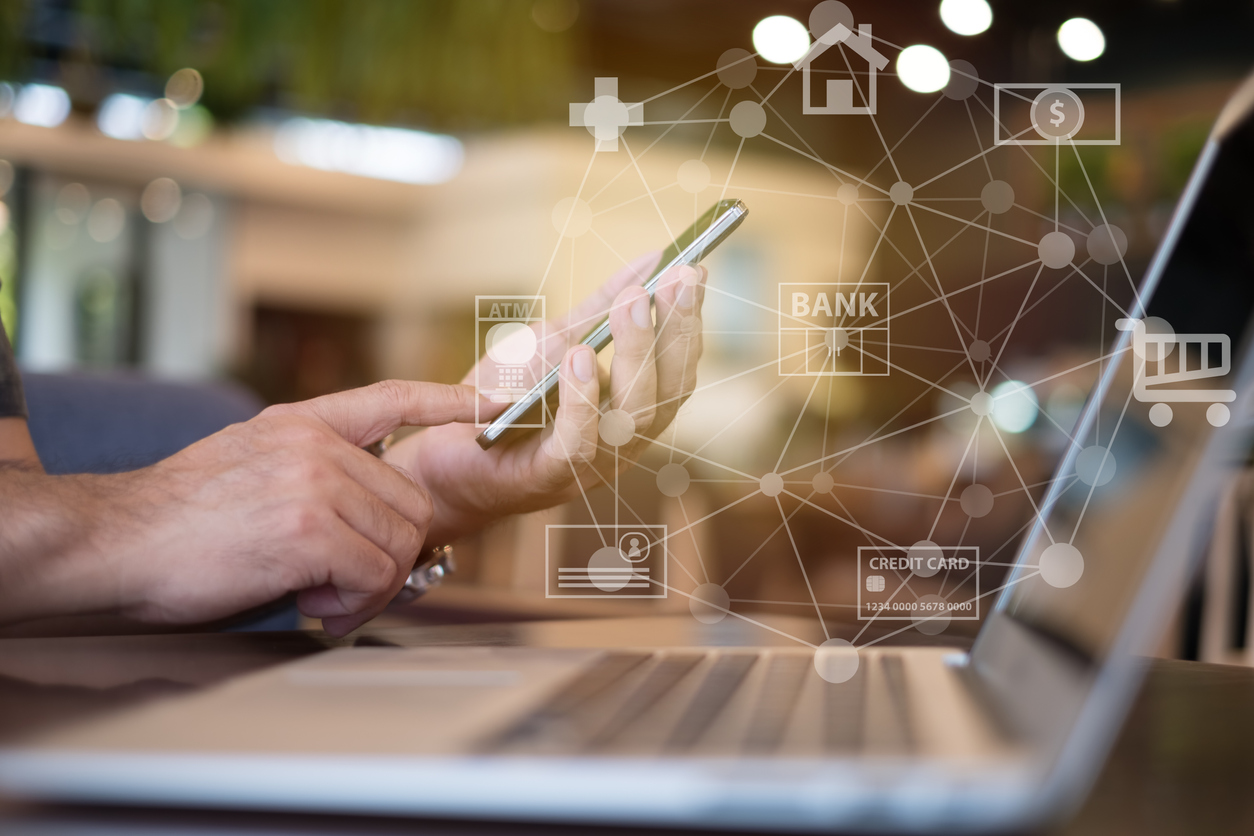 mobile banking network. business people using mobile phone with icon application online payment.