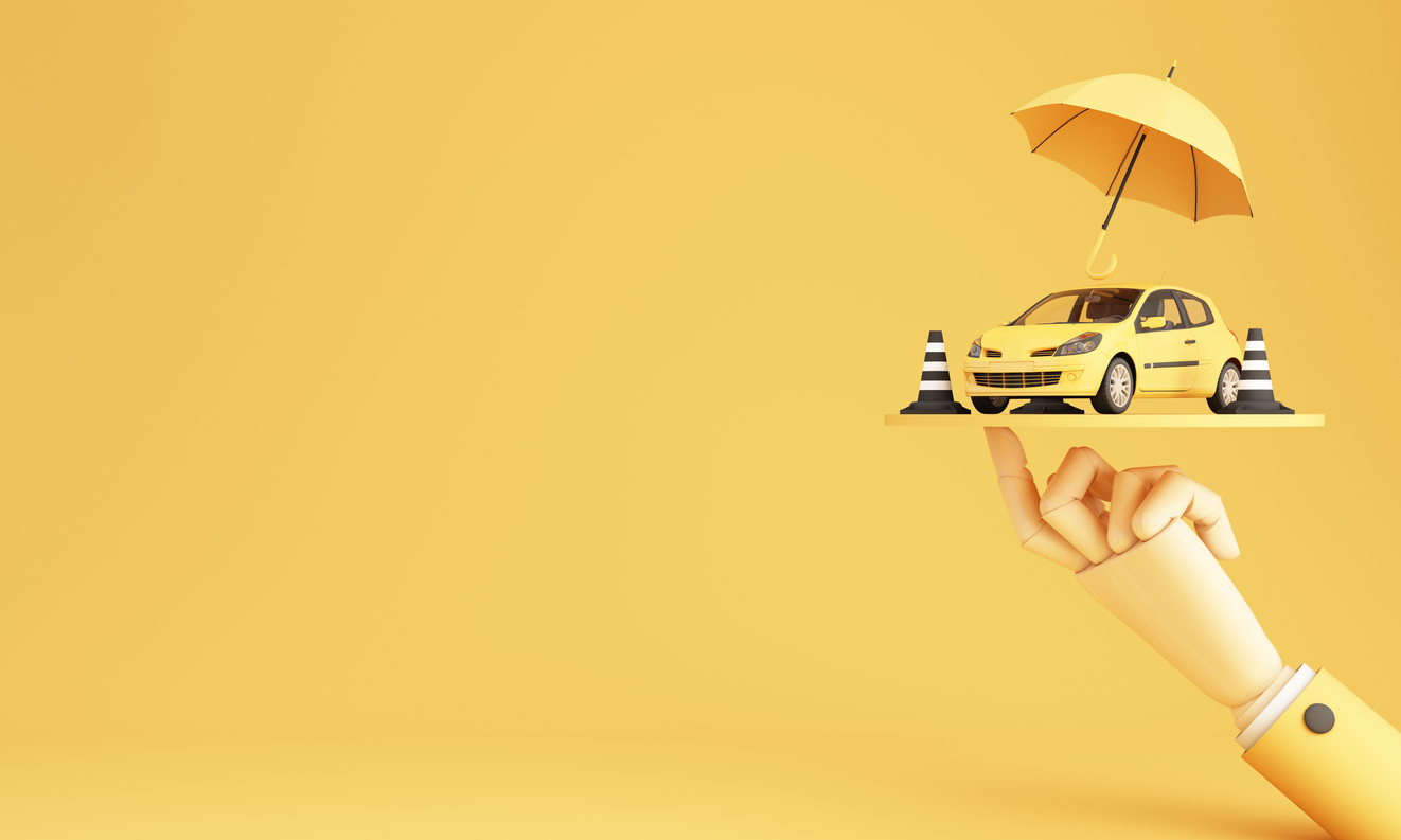 Car protection and safety assurance concept, car insurance web banner design. yellow cars under the umbrella with traffic cone and business hand on yellow background. cartoon realistic 3d rendering