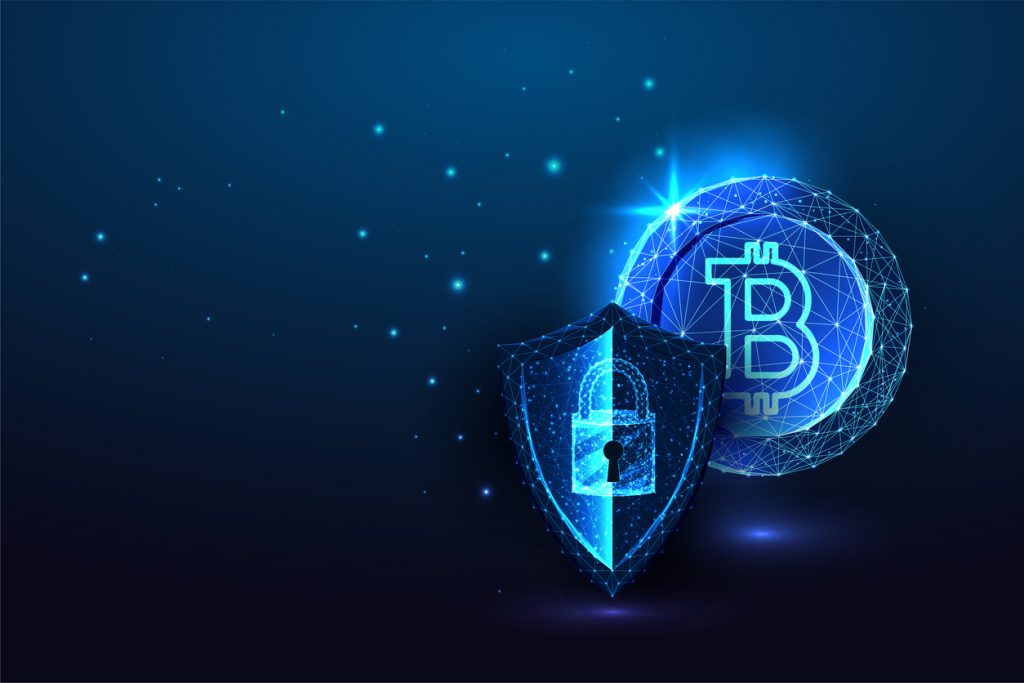 Cryptocurrency data protection concept with Bitcoin coin and protection shield with access padlock in futuristic glowing low polygonal style on blue background. Abstract design vector illustration