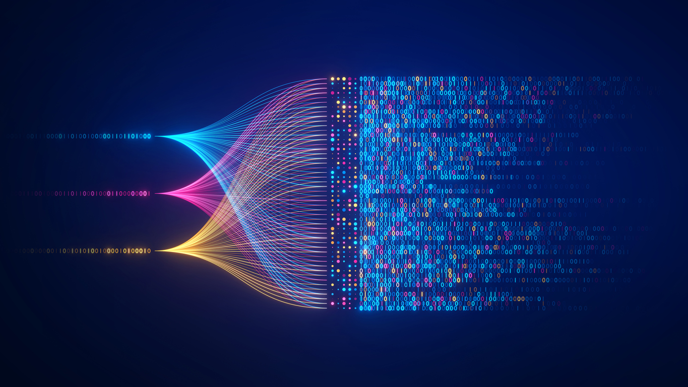 big data technology and data science illustration. data flow concept. querying, analysing, visualizing complex information. neural network for artificial intelligence. data mining. business analytics.