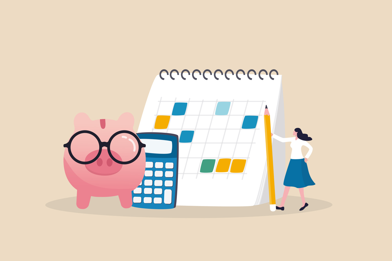 monthly cost or budget, expense to pay bill, mortgage or debt, plan for savings or investment, money management or credit card payment, smart woman plan her monthly budget with calendar and piggybank.
