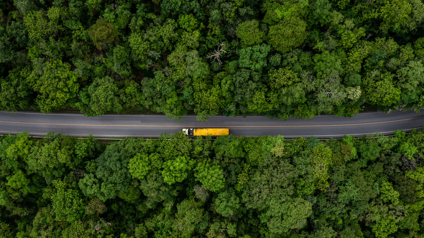aerial top view large freight transporter semi truck on the highway road, truck driving on asphalt road green forest, cargo semi trailer moving on road.