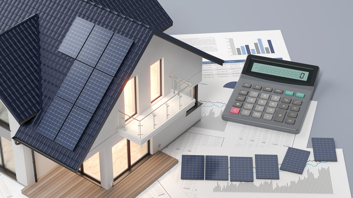 house with photovoltaic solar panel and calculator and documents 3d illustration