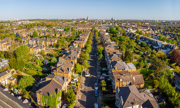 aerial view of london suburb in the morning, uk