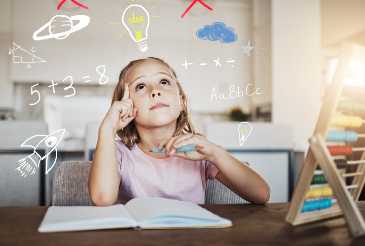 child, thinking and homework with light bulb for learning math, numbers and creative ideas or solution at home. girl or kid with school book and education doodle, brainstorming or imagination overlay