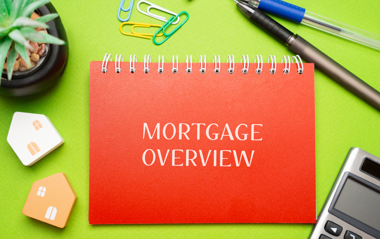 mortgage overview concept. summary of the key terms of a home loan, including the loan amount, interest rate, repayment schedule and term length. inscription on a notepad and calculator with pens