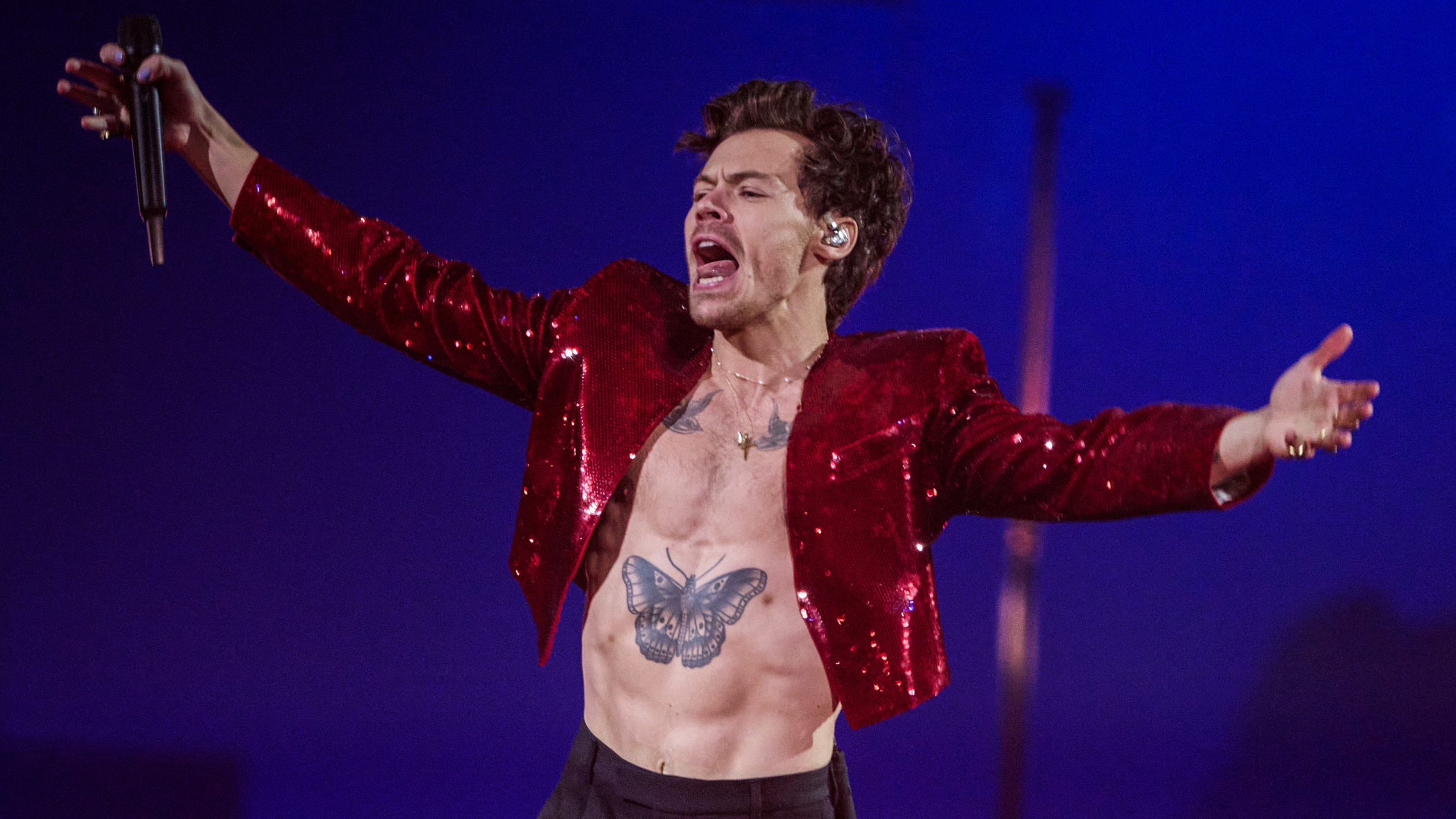 Harry Styles performing on stage, captivating the audience with his vocals and signature style during a live concert.