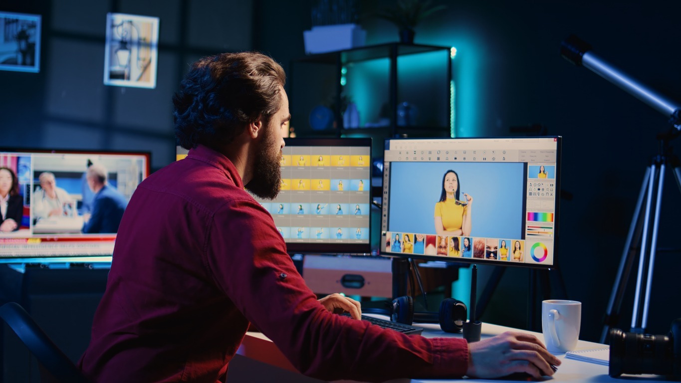 A person retouching a visual on a computer