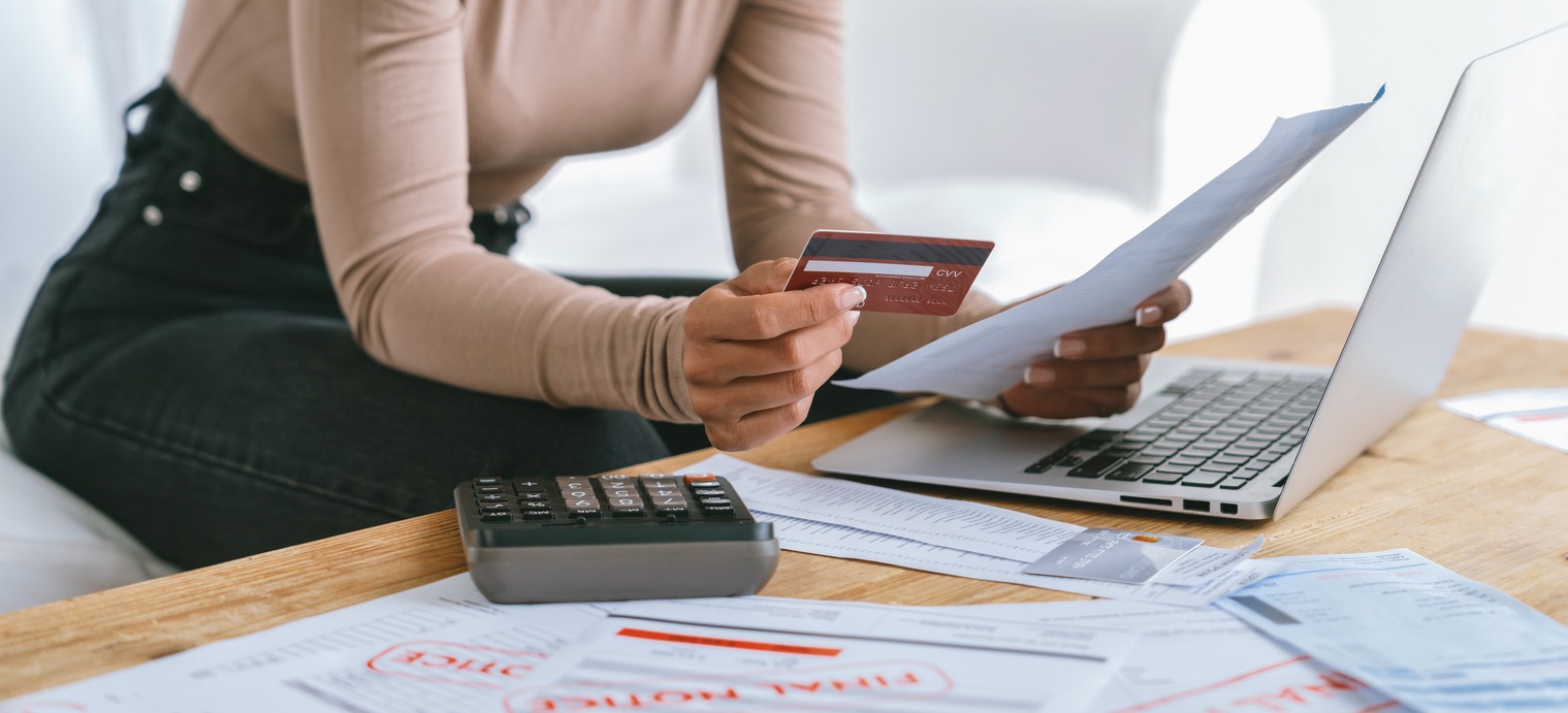 Stressed young woman has financial problems with credit card debt to pay crucial show concept of bad personal money and mortgage pay management crisis. sad and unhappy