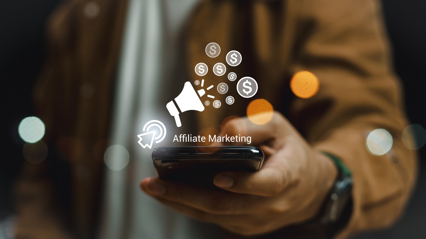 affiliate marketing, online business model concept. creating relationships strategy between merchants, affiliates, and customers. generated revenue by rewarding affiliates for referring customers.