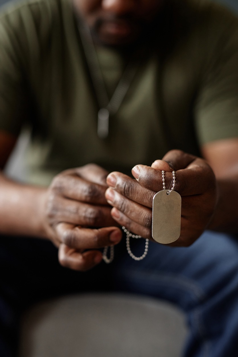 soldier holding id tags in therapy session