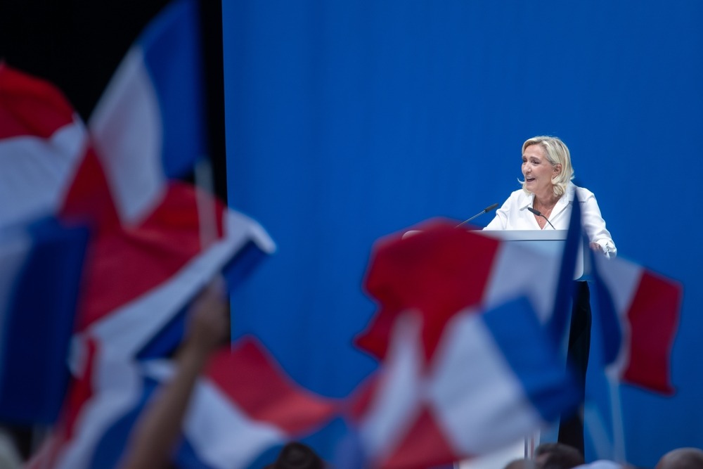 beaucaire,,france, ,16 09 2023:,marine,delivers,a,speech,during,annual