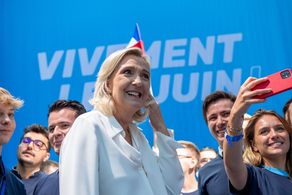 beaucaire,,france, ,16 09 2023:,marine,delivers,a,speech,during,annual