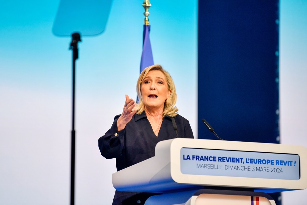 marseille,,france, ,03 05 2024:,marine,le,pen,speaks,during,a