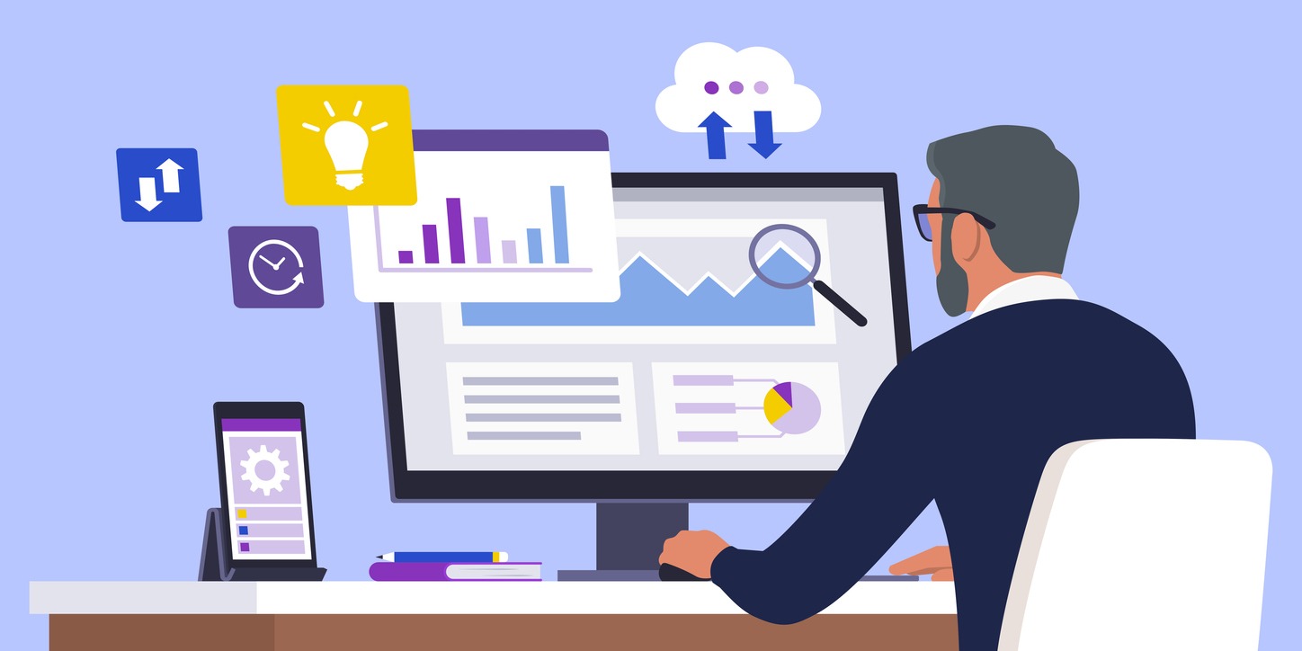 senior businessman checking financial reports online