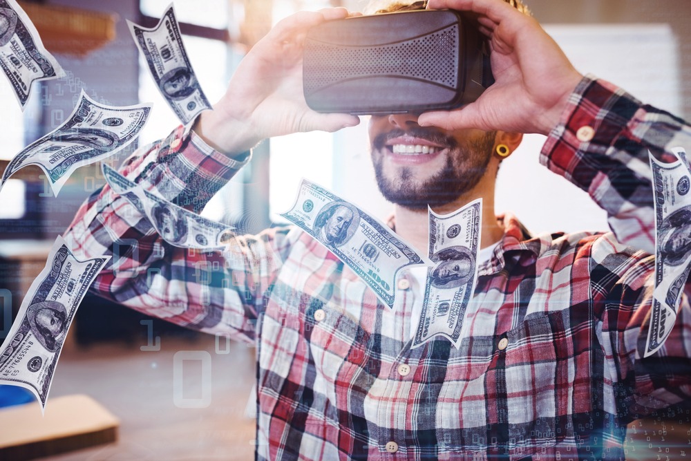 dollars,flying,against,man,using,virtual,reality,headset