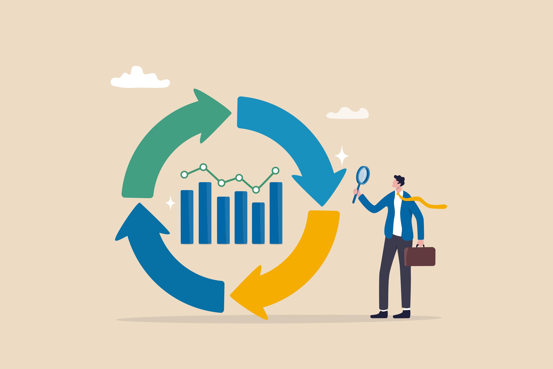 economic cycle to study up and down on stock market, booming or recession, business cycle for marketing, statistic or data analysis concept, businessman with magnifier on economic cycle diagram.