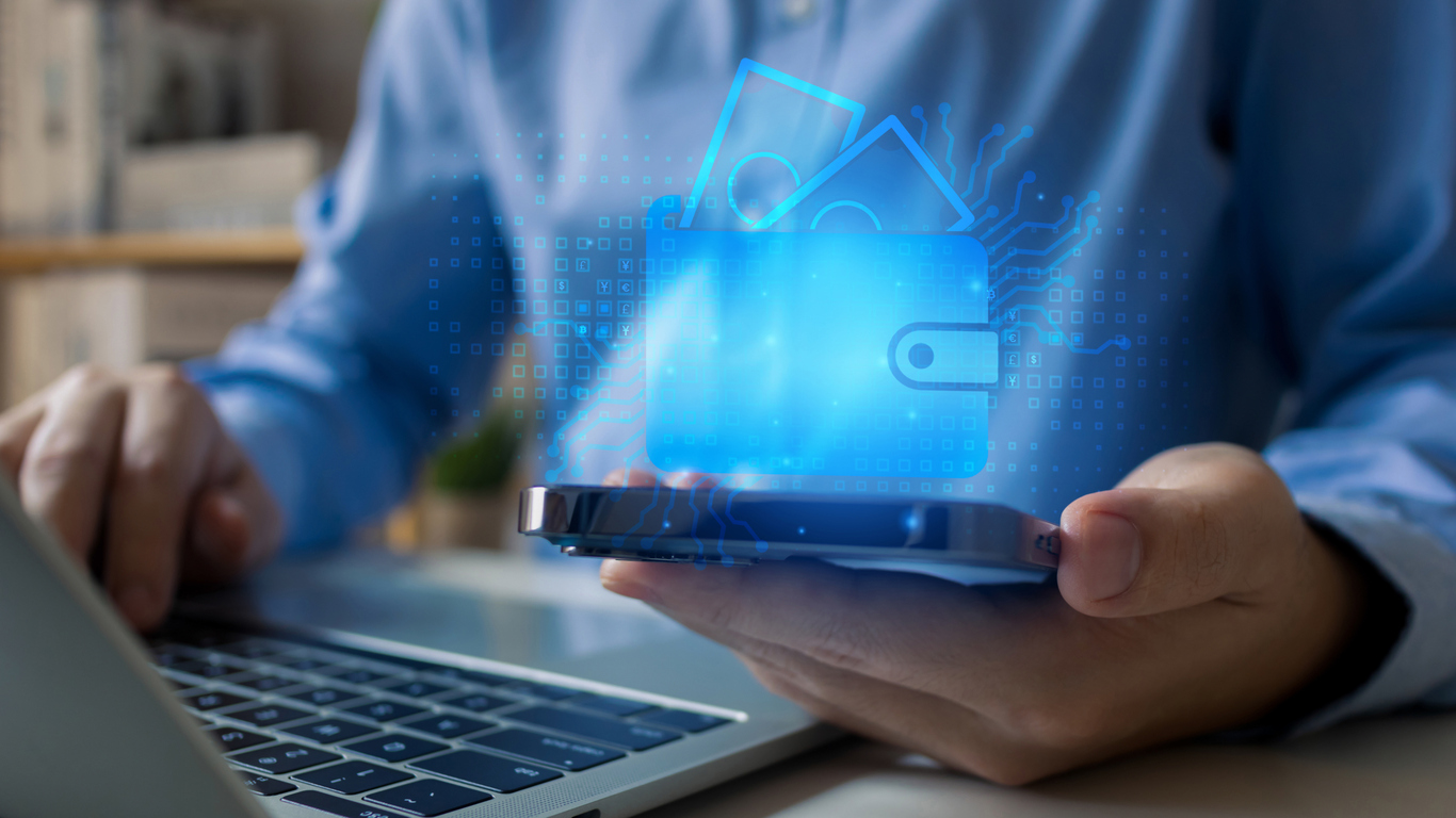 digital wallet icon.businessman shopping online with digital currency wallet. mobile banking, online finance, e commerce. dollar, euro, yen, yuan and pound icons.