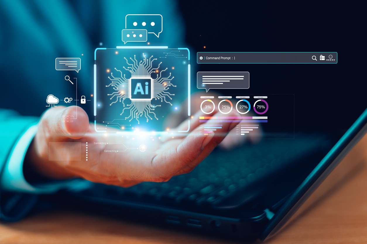ai tech help business concept. artificial intelligence technology assistance. technology customer service. businessman connect robot chat ai, command prompt generates futuristic transformation