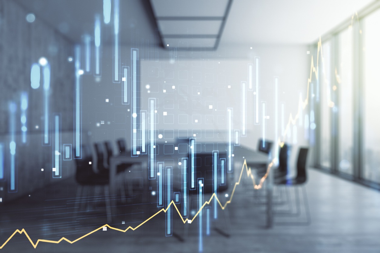 double exposure of abstract creative financial chart hologram on a modern meeting room background, research and strategy concept