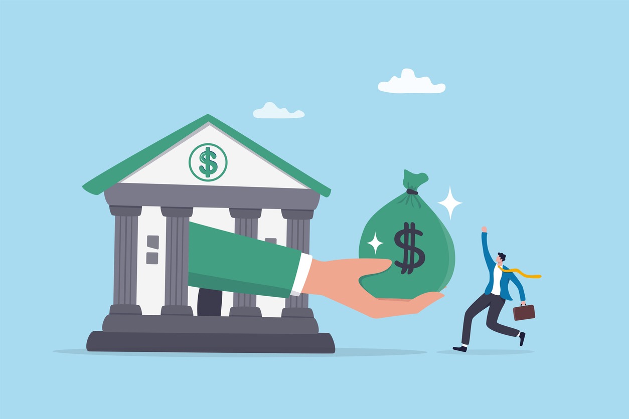 business loan or bank offer money agreement, personal loan or entrepreneur and small business lending, debt or bank approval allowance concept, businessman business owner getting loan money from bank.