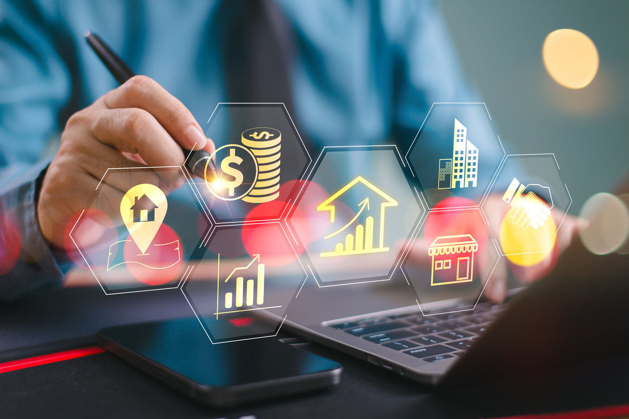 real estate investment market, digital banking service solution, financial technology concept. man use computer laptop search digital bank icons. modern online payment systems, e commerce currency