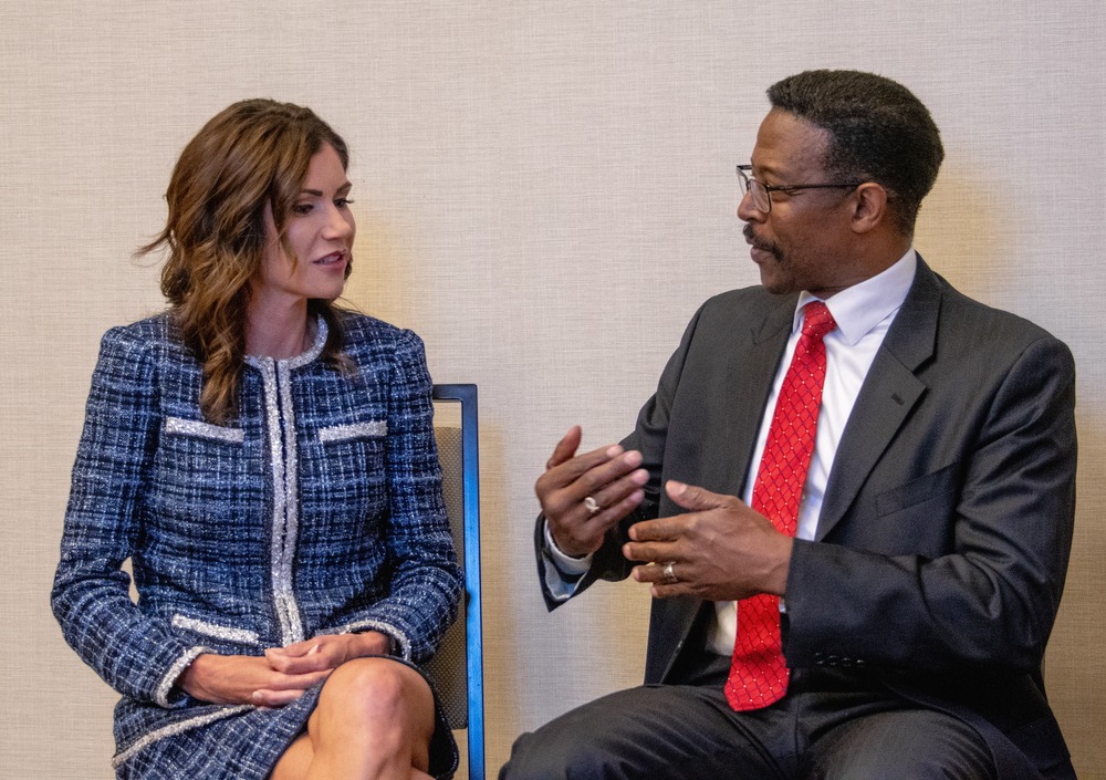 South, Dakota, Governor, Kristi, Noem, (L), is interviewed for, for local