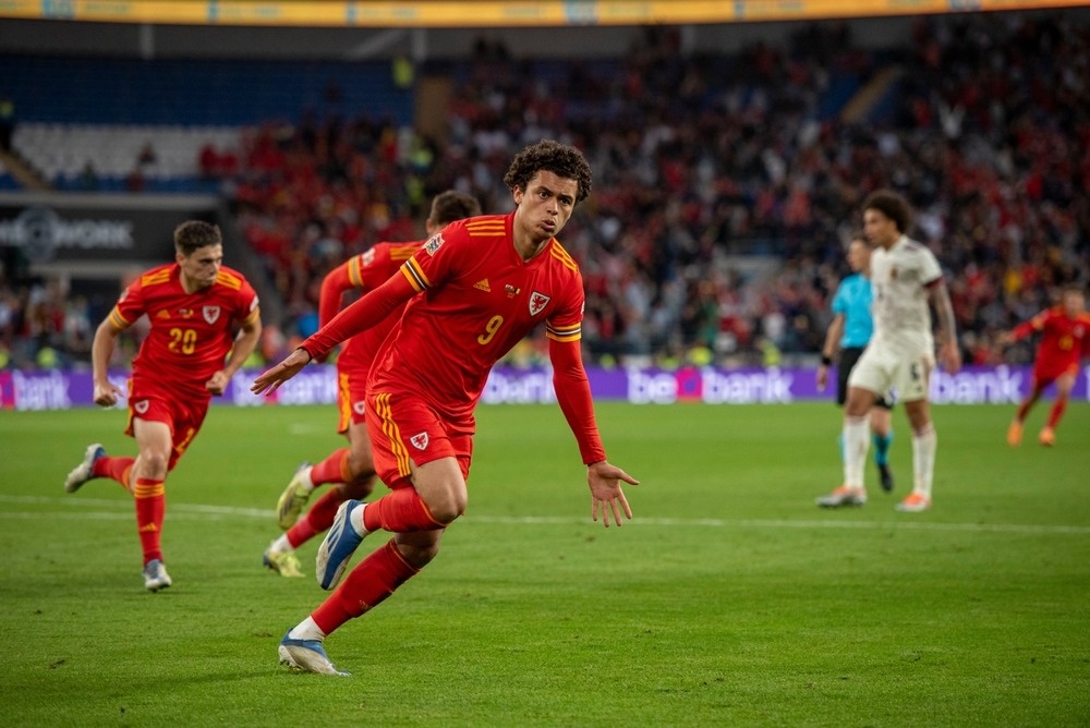cardiff,,wales, ,11th,june,2022:,brennan,johnson,celebrates,scoring