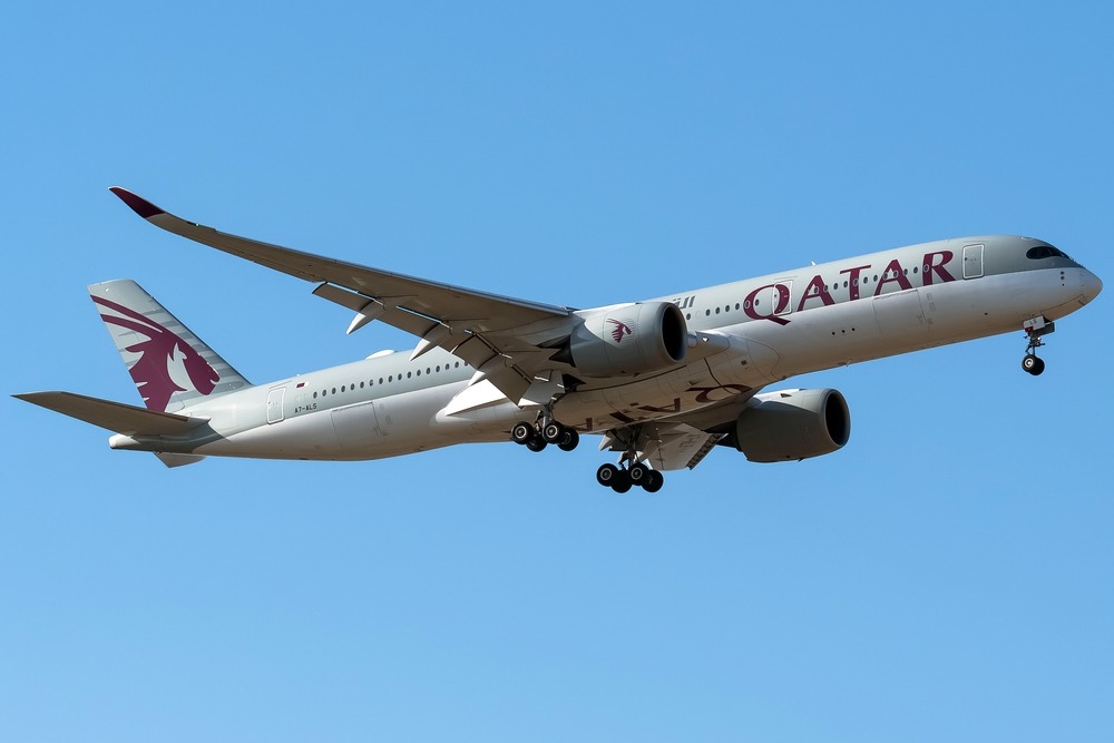 22 may 2024.,airbus,a350,of,qatar,airways,arriving,from,doha,under