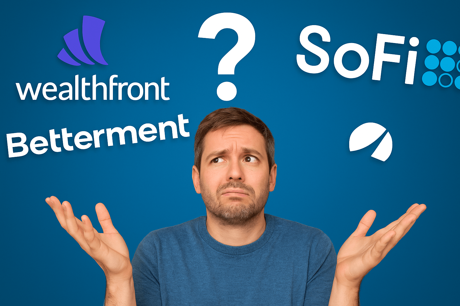 A confused man weighing up the robo advisor platfroms Sofi, Betterment and Wealthfront