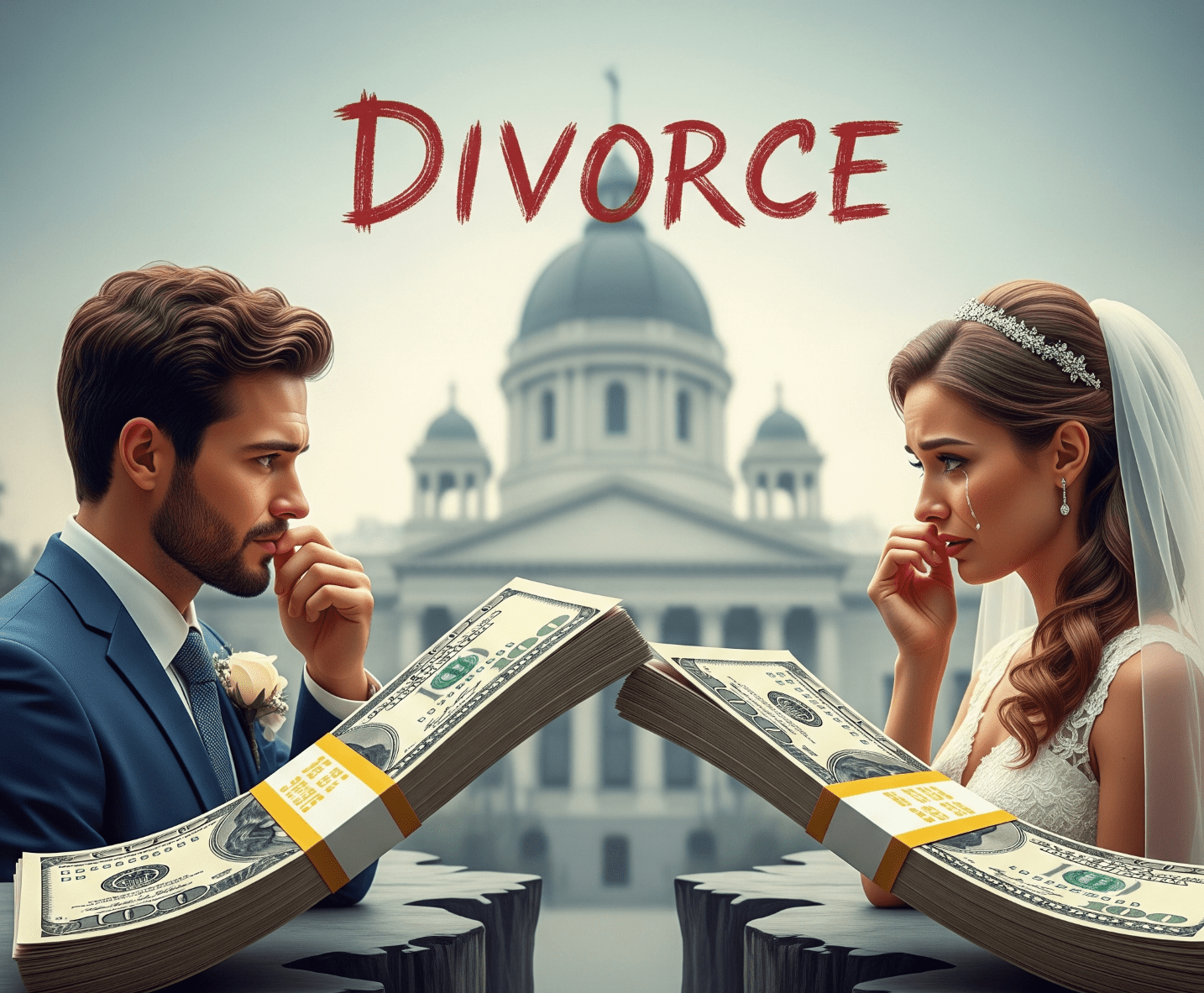 A man and woman in wedding attire look sad, separated by a chasm with a bridge made of money, symbolizing the financial burden of divorce.