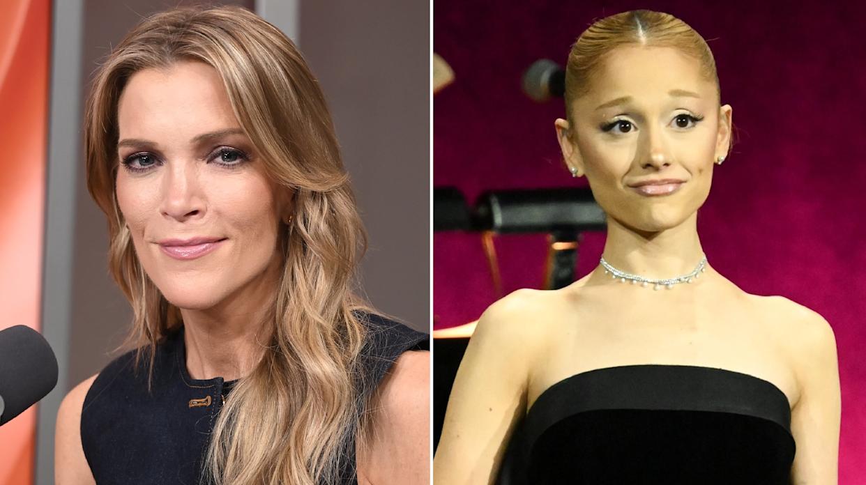Split image showing Megyn Kelly with a smug expression alongside Ariana Grande appearing sad and emotional.