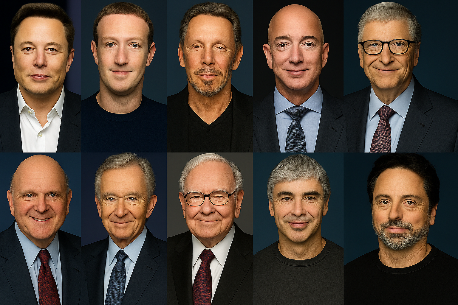 Image showing the top 10 richest people in the world as of 2025, including Elon Musk, Mark Zuckerberg, Larry Ellison, Jeff Bezos, Bill Gates, Steve Ballmer, Bernard Arnault, Warren Buffett, Larry Page, and Sergey Brin, with their respective net worths displayed.