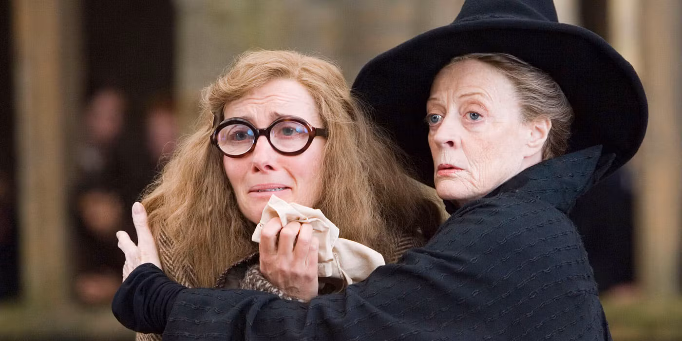 Emma Thompson as Professor Trelawney and Maggie Smith as Professor McGonagall together on the set of the Harry Potter films.